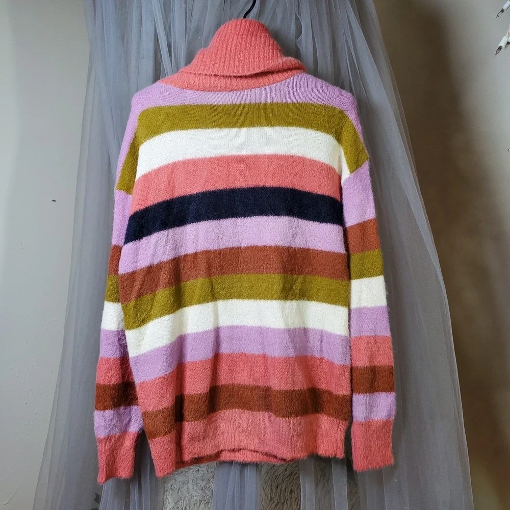 Caslon Chenille Multi Color Rainbow Striped Cowl Neck Sweater Sz S Acadamia NWT‎